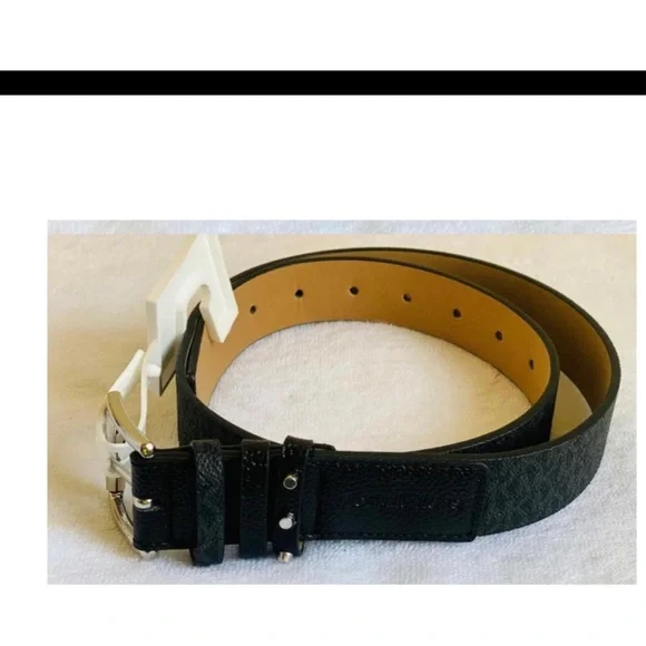 MICHAEL KORS BELT BLACK WITH PRINTED MK LOGO TRIPLE BELT LOOP W/ STUDS BLK - Picture 4 of 13